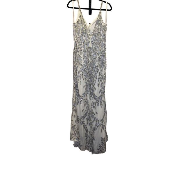 Mac Duggal Sequin V-Neck Floral Leaves Spaghetti Strap Scoop Back Detail Gown - Picture 7 of 9